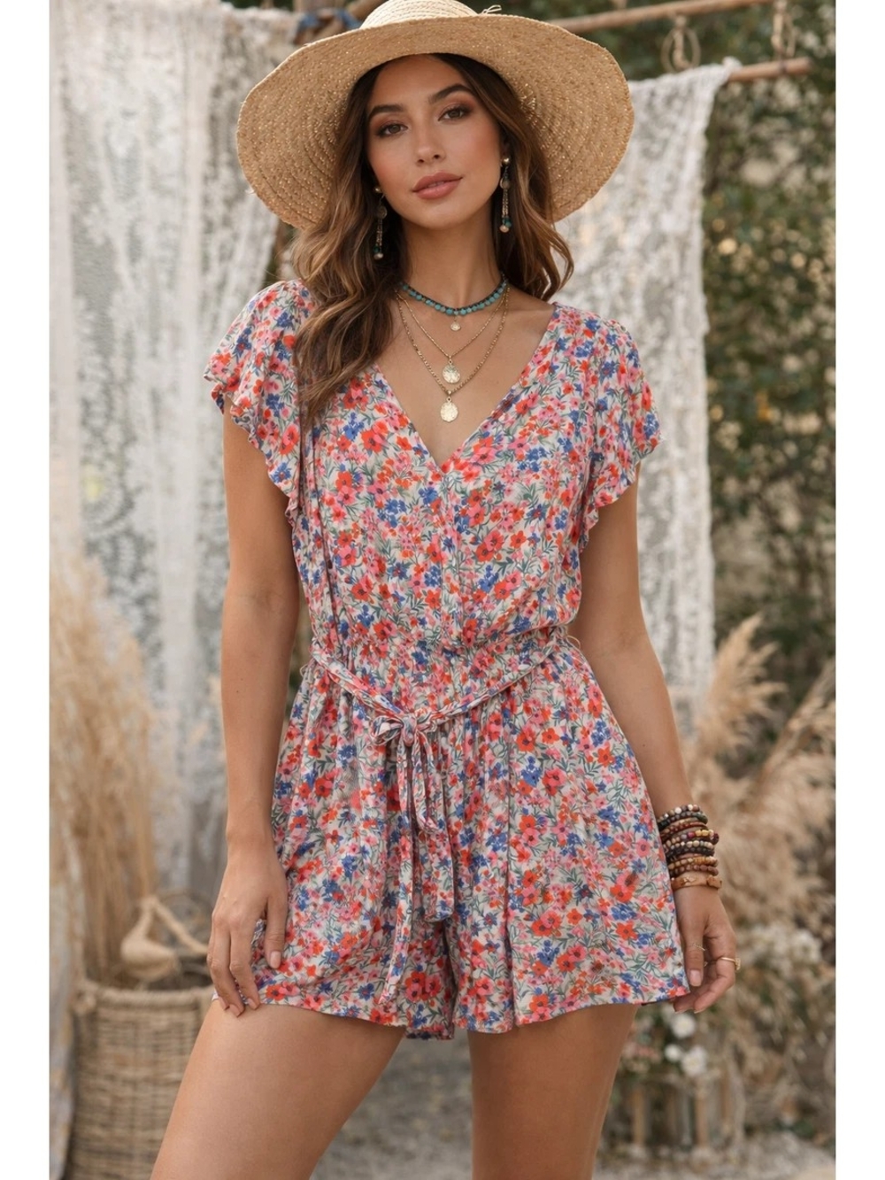American Eagle Outfitters Floral Multicolor Short Sleeve V Neck Romper Size XS